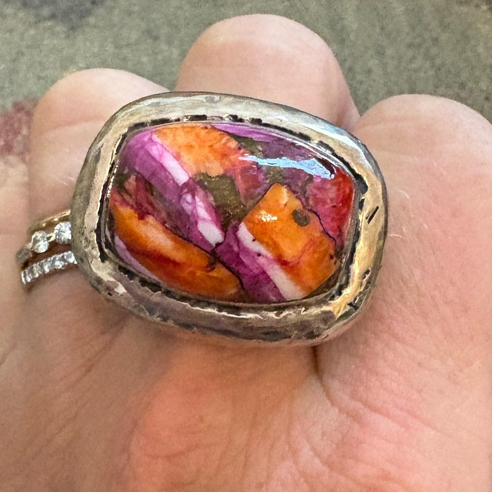 Dian Malouf Silver Ring with Pink and Orange Stone